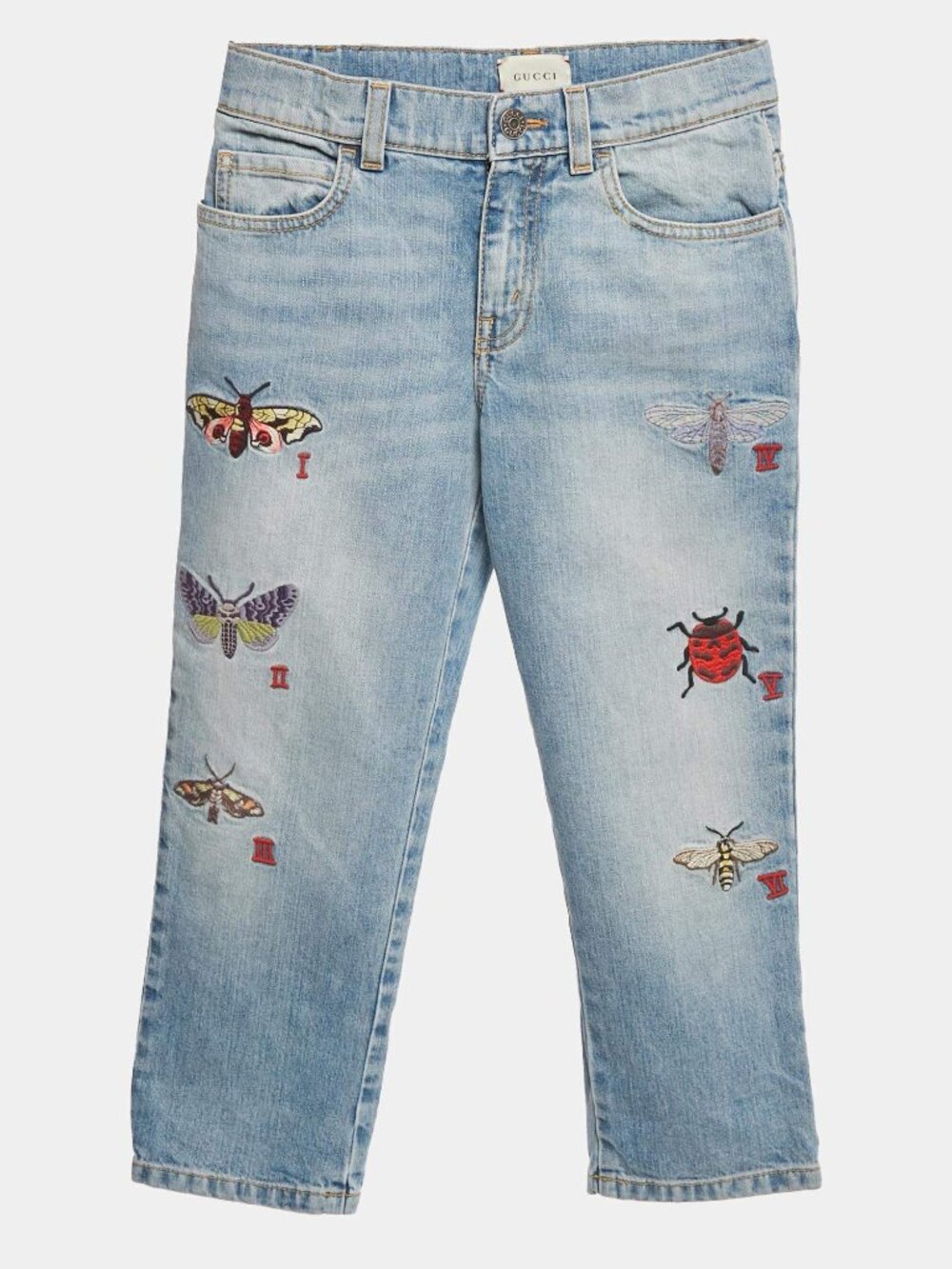 Gucci Kids Girls Embroidered Insect Jeans Light Blue Denim Size 8Y NWOT